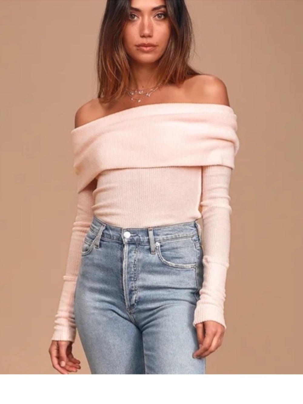 We the Free- Free People ‘Snow Bunny’ Off The Shoulder Sweater Seashell Pink, XL